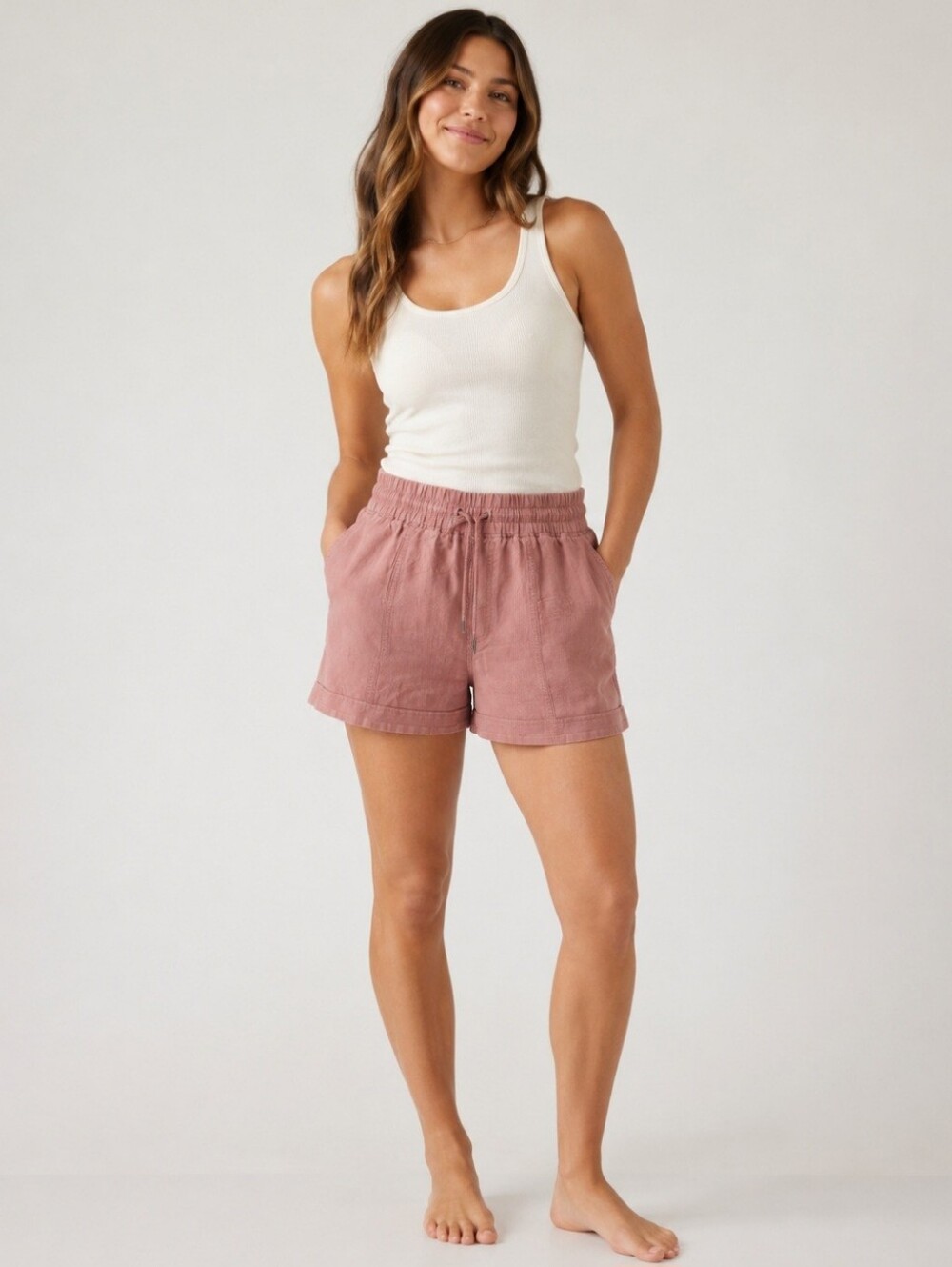 Athleta Cabo linen 4" shorts size 2 dusty rose pull-on drawstring resort beach